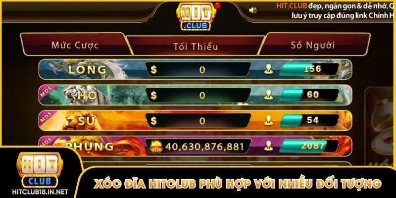 Xóc đĩa Hitclub phù hợp với nhiều đối tượng khác nhau